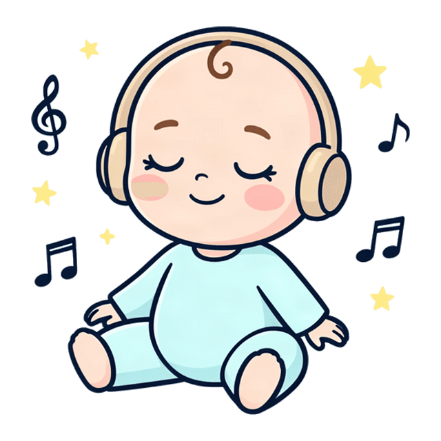 A baby wearing headphones, eyes closed, listening peacefully to music.