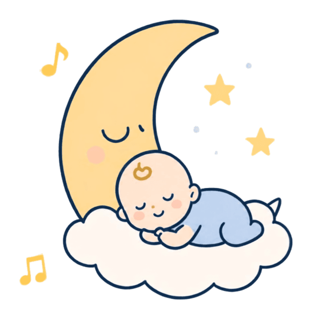 A baby sleeping peacefully on a cloud beneath a crescent moon and stars.