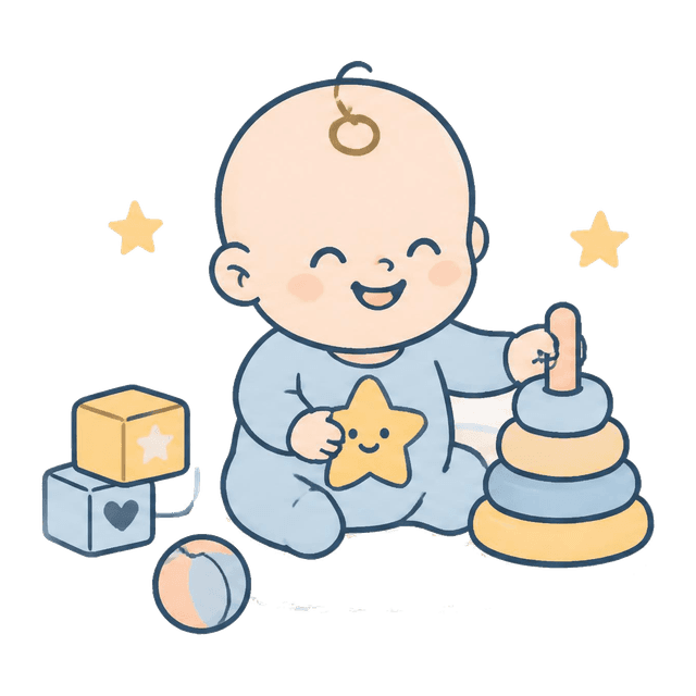 A baby laughing while playing with a stacking ring toy, blocks, and a ball.