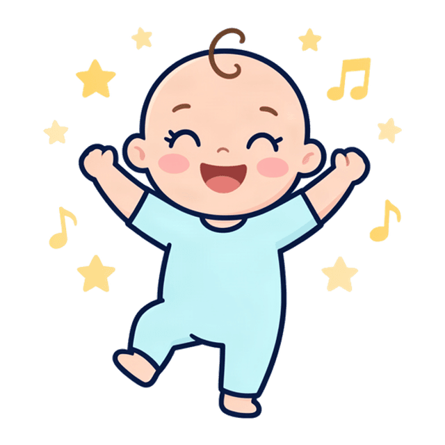 A baby dancing with arms raised, surrounded by stars and music notes.